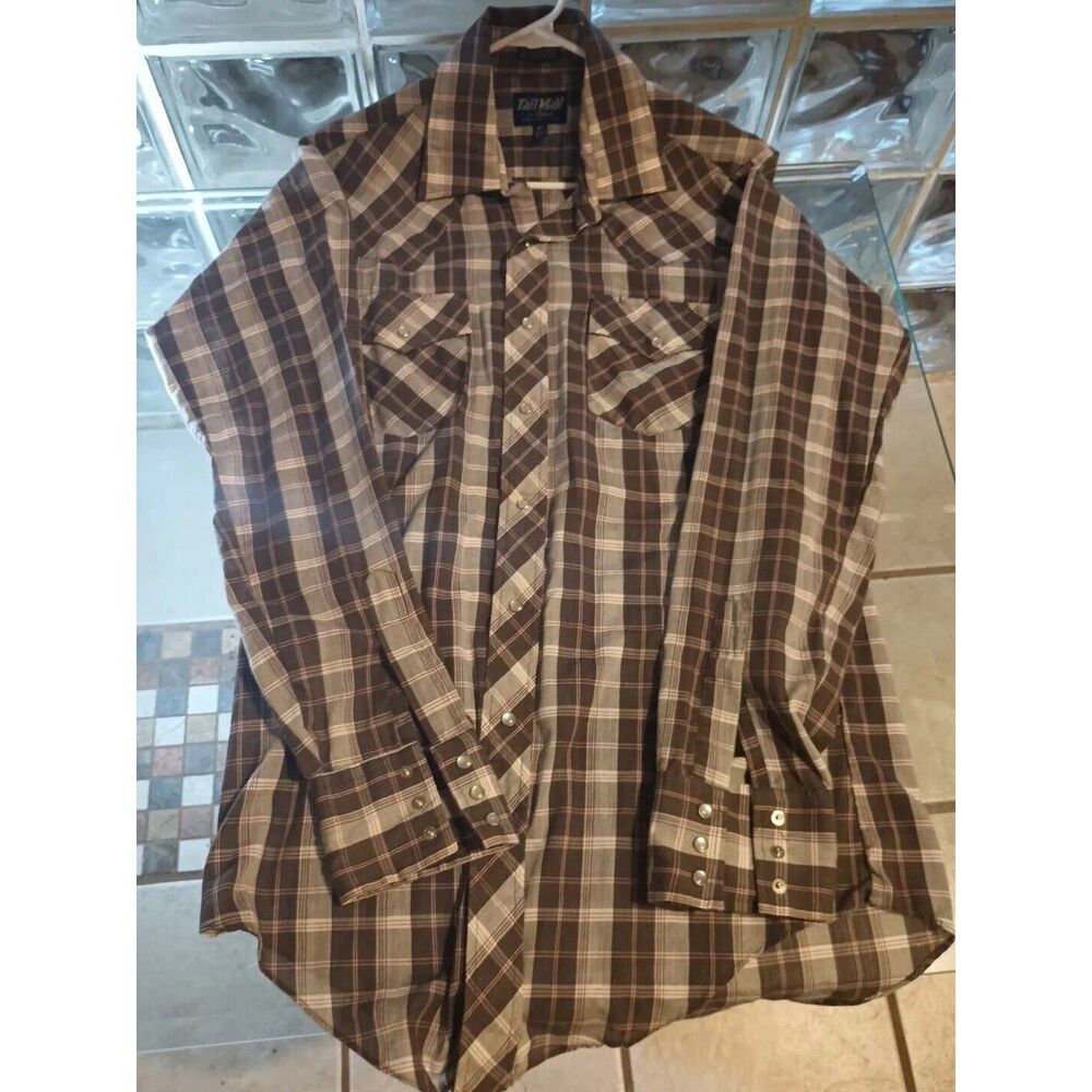 Tall Man Block Pearl Button Western Shirt Mens Large 15-15.5 Vintage VTG 15576